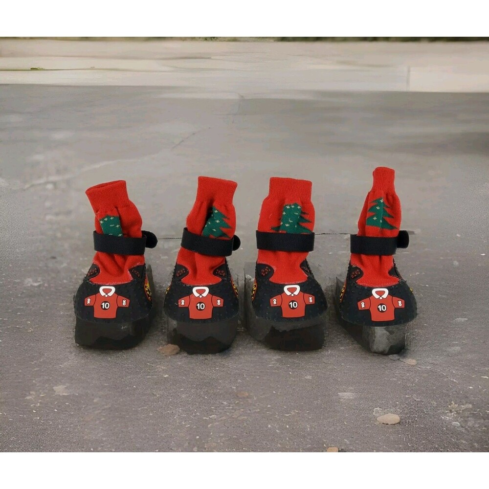 Set of 4 Dog Boots Paw Protectors - Soccer Jersey No. 10 - Christmas Tree Design